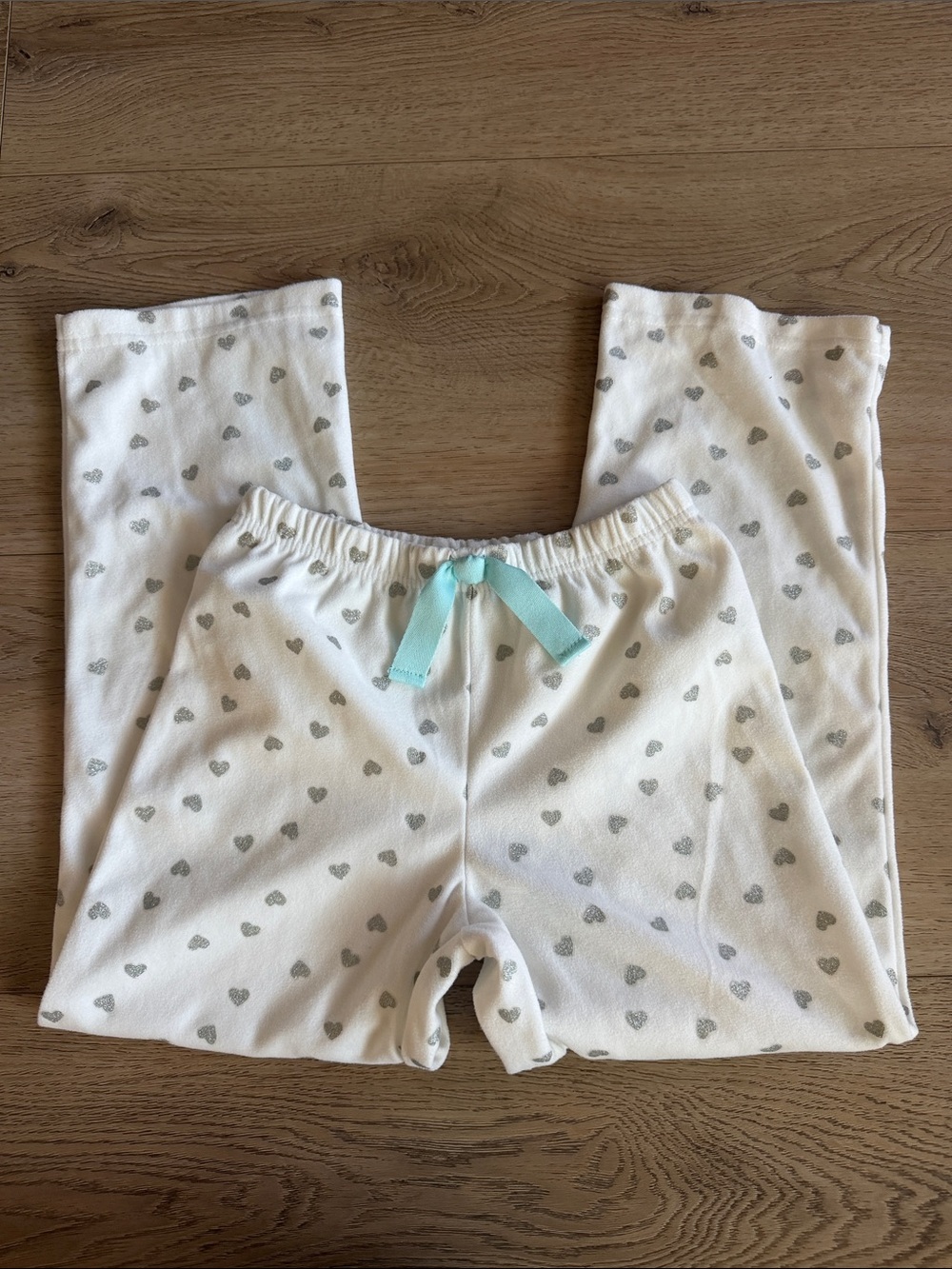 Girls White Heart Print Pajama Straight Leg Pants with Mint Bow size 7